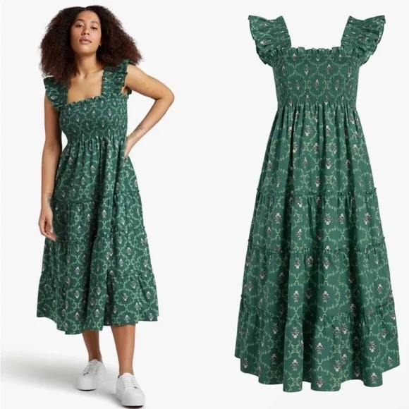 Hill House Ellie Nap Dress Cottagecore Emerald Trellis Floral Size Small - Picture 1 of 7
